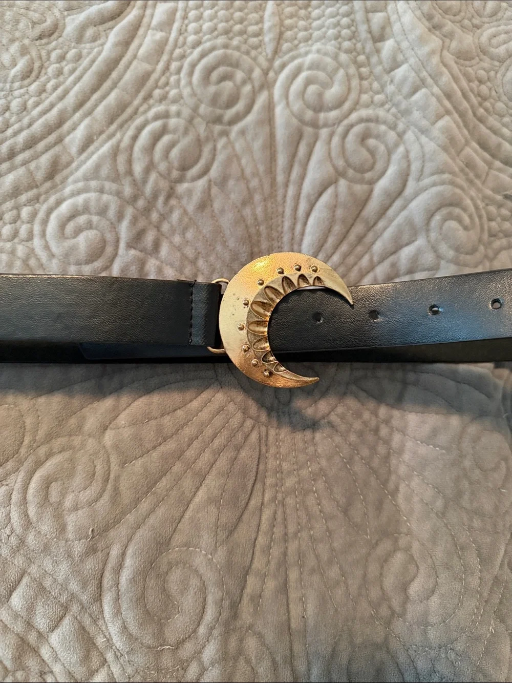 44 inch Black Leather Belt with Gold Crescent Moon Buckle